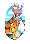  2018 anthro beach bikini blue_eyes blue_fur blue_hair blue_tongue claws clothed clothing cyan_pawpads eyelashes feline female fingerpads fur hair highlights looking_at_viewer mammal multicolored_fur navel one_leg_up open_mouth open_smile orange_fur orange_sclera outside pawpads rokemi seaside smile solo standing stripes swimsuit teeth toe_claws white_fur wide_hips yellow_highlights 