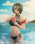  beach bikini blue_eyes blue_sky cocktail cocktail_glass cup day drinking drinking_glass fire_emblem fire_emblem_heroes fire_emblem_if green_hair hair_over_one_eye highres ocean outdoors rspbluna setsuna_(fire_emblem_if) sky solo swimsuit twitter_username 