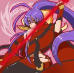  1girl antenna_hair blazblue blazblue:_central_fiction blazblue_variable_heart cape cowboy_shot fingerless_gloves genderswap genderswap_(mtf) gloves holding long_hair mai_natsume pants pink_eyes polearm ponytail purple_hair smile solo spear tagme very_long_hair weapon 