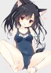  :d animal_ears anklet azur_lane barefoot black_hair breasts character_name commentary covered_navel dog_ears dog_girl dog_tail fang feet jewelry legs long_hair name_tag old_school_swimsuit one-piece_swimsuit open_mouth ponytail red_eyes school_swimsuit shigure_(azur_lane) shiratama_(shiratamaco) sitting sketch smile soles solo spread_legs swimsuit tail translated 