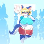  2017 ambiguous_gender anthro bear blonde_hair blue_body blue_fur blush bodypaint breasts brown_eyes camel_toe canine clothing embarrassed female fox fur group hair japanese_text mammal navel nipples sergal silhouette slightly_chubby solo_focus standing tears text white_body wolf ほし 