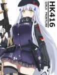  absurdres assault_rifle bangs belt beret black_legwear blunt_bangs breasts character_name combat_knife commentary eyebrows_visible_through_hair facial_mark girls_frontline gloves green_eyes gun hair_ornament hat heckler_&amp;_koch highres hk416 hk416_(girls_frontline) holding holding_gun holding_weapon holstered_weapon kamatama knife long_hair looking_at_viewer magazine_(weapon) md5_mismatch medium_breasts plaid plaid_skirt rifle sidelocks silver_hair skirt solo teardrop thighhighs trigger_discipline very_long_hair weapon 