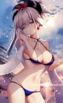  artist_name bikini blue_eyes blush breasts cherry_blossoms cleavage commentary_request criss-cross_halter earrings fate/grand_order fate_(series) halterneck headband highres jewelry large_breasts lavender_hair magatama medium_hair miyamoto_musashi_(fate/grand_order) navel necomi ponytail signature solo swimsuit towel wet 