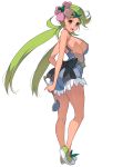  ass bangs breasts commentary dark_skin flower full_body green_eyes green_hair hair_flower hair_ornament highres holding impossible_clothes ladle large_breasts long_hair looking_at_viewer low_twintails mao_(pokemon) masao no_bra open_mouth overalls pokemon pokemon_(game) pokemon_sm sideboob solo swept_bangs tan twintails 