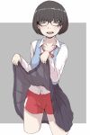  :p black-framed_eyewear black_eyes black_hair breasts collarbone glasses grey_background ina_(gokihoihoi) mole mole_under_eye original short_hair short_shorts shorts shorts_under_skirt skirt skirt_lift small_breasts solo thighs tongue tongue_out 