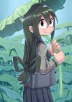  1girl asui_tsuyu bag boku_no_hero_academia caibao giant_leaf green_hair leaf long_hair pleated_skirt rain school_bag school_uniform skirt solo 