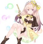  absurdres atelier_(series) atelier_lydie_&amp;_suelle bangs black_hairband boots bow breasts brown_footwear commentary_request dress eyebrows_visible_through_hair frilled_hairband frills gun hair_between_eyes hair_bow hairband hand_up handgun highres holding holding_gun holding_weapon light_brown_hair long_hair red_eyes revolver ru_zhai short_sleeves sitting small_breasts solo striped striped_hairband suelle_marlen very_long_hair weapon white_background wide_sleeves yellow_bow yellow_dress 