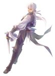  boots butler fire_emblem fire_emblem_if full_body gloves holding holding_knife holding_weapon jacket jen_(hasuyawwn) joker_(fire_emblem_if) knife male_focus ponytail purple_eyes smile solo transparent_background weapon white_hair 