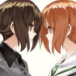  brown_eyes brown_hair close-up commentary eyebrows_visible_through_hair eyes_visible_through_hair face-to-face girls_und_panzer grey_shirt kuromorimine_school_uniform multiple_girls nishizumi_maho nishizumi_miho ooarai_school_uniform school_uniform serafuku shirt short_hair siblings sisters white_background yuuyu_(777) 