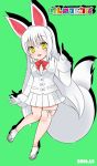  2015 5_fingers animal_humanoid big_breasts biped blush bow_tie breasts canine clothed clothing digital_drawing_(artwork) digital_media_(artwork) female fluffy fluffy_tail footwear fox_humanoid front_view full-length_portrait gloves green_background hair humanoid humanoid_hands inari_ōkami japanese japanese_mythology kemono_friends kotone5082 legwear light_skin long_hair long_tail looking_at_viewer mammal mythology oinari-sama_(kemono_friends) on_one_leg open_mouth open_smile pointing portrait sandals shadow simple_background skirt smile socks solo standing suit tailband tan_skin white_clothing white_hair white_tail yellow_eyes 