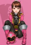  1girl ahim_de_famille belt blush bodysuit boots breasts brown_eyes brown_hair eyebrows full_body gloves helmet highres kaizoku_sentai_gokaiger large_breasts legs looking_at_viewer matching_hair/eyes parted_lips pink_boots pink_skirt puffy_nipples sakuradou shiny shiny_hair simple_background sitting skirt smile solo super_sentai thighs white_gloves 