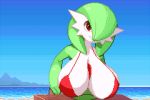  2019 beach big_breasts breasts clothing digital_media_(artwork) female gardevoir humanoid looking_at_viewer nintendo not_furry pixel_(artwork) plantpenetrator pok&eacute;mon pok&eacute;mon_(species) red_eyes seaside smile solo swimsuit video_games 