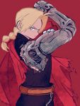  automail blonde_hair commentary edward_elric english_commentary fullmetal_alchemist male_focus red_background serious simple_background solo uzuta 