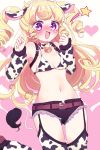  :d alice-whiteberry animal_ears animal_print arm_belt arm_warmers bangs bell belt black_shorts blonde_hair blush bow bowtie breasts clenched_hands cow_ears cow_horns cow_print cow_tail garter_straps hands_up heart highres horns long_hair looking_at_viewer midriff navel nose_blush open_mouth pretty_(series) print_bikini_top print_legwear pripara purple_eyes short_shorts shorts sidelocks small_breasts smile solo star tail thighhighs two_side_up yumekawa_yui 