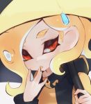  1girl :o blonde_hair fang hand_to_own_mouth hand_up holding holding_umbrella jtveemo long_hair octarian octoling open_mouth orange_eyes over_shoulder simple_background solo splat_brella_(splatoon) splatoon splatoon_(series) splatoon_2 suction_cups tentacle_hair umbrella upper_body white_background 