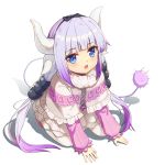  all_fours bad_id bad_pixiv_id bangs banned_artist black_bow black_hairband blue_eyes blunt_bangs blush bow dragon_girl dragon_horns eyebrows_visible_through_hair hair_bow hairband highres horns kanna_kamui kobayashi-san_chi_no_maidragon lavender_hair long_hair long_sleeves looking_at_viewer open_mouth simple_background solo tail twintails white_background white_legwear yiku_(sim7368) 