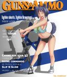  animal_humanoid assault_rifle blue_fur blue_hair breasts clothed clothing cover crop_top cute_fangs dog_humanoid english_text female footwear fur galil_(upotte) gun hair humanoid magazine_cover midriff one_eye_closed open_mouth orange_eyes pinup pose ranged_weapon rifle shirt shoes shorts solo standing text the_sourkraut upotte!! weapon wink 
