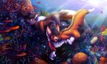  2018 ambient_fish ambiguous_gender anthro bubble canine chibity coral coral_reef cute detailed_background dog duo fluffy fox fray_the_fox fur german_shepherd happy hi_res inner_ear_fluff mammal multicolored_fur nude reef ritter_(krazykit) sea sunlight swimming underwater water 
