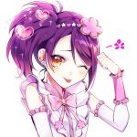  ;p blush bow bowtie clenched_hand detached_sleeves dojikko_pose earrings flower frills hair_flower hair_ornament heart jewelry looking_at_viewer minori_(faddy) one_eye_closed pink_neckwear pretty_(series) pripara purple_hair side_ponytail simple_background solo sparkle tongue tongue_out toudou_shion upper_body white_background yellow_eyes 