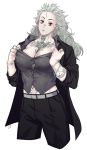  breasts commentary dorohedoro earrings jacket jeje_(pixiv12541114) jewelry long_hair noi_(dorohedoro) open_mouth red_eyes ring solo symbol_commentary tattoo thumb_ring white_hair 