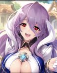  ancient_killers_(phantom_of_the_kill) artist_request blush breasts cleavage cleavage_cutout eyebrows_visible_through_hair freischutz_(phantom_of_the_kill) gloves hair_between_eyes huge_breasts long_hair official_art open_mouth phantom_of_the_kill purple_hair red_eyes smile 