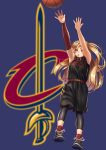  arm_warmers azur_lane bare_shoulders basketball black_legwear blonde_hair blue_background cleveland_(azur_lane) cleveland_cavaliers highres jersey jumping leg_warmers logo long_hair namesake national_basketball_association open_mouth outstretched_arms red_eyes shoes shorts simple_background sneakers socks solo sportswear twintails yakkuro 