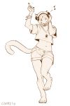  2018 5_fingers 5_toes anthro barefoot caraid clothed clothing cougar eyes_closed feline female mammal midriff navel simple_background smile solo toes 