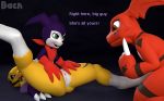  2018 3d_(artwork) anthro anus bacn ball_gag bdsm biped black_sclera blue_eyes bondage bound butt canine claws clothing dialogue digimon digital_media_(artwork) female fur gag gagged guilmon impmon lying male mammal nude on_back open_mouth presenting pussy questionable_consent renamon scalie simple_background smile spreading standing text white_fur 