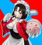  1girl alternate_costume apron black_hair breasts choker cleavage enmaided fate/grand_order fate_(series) food frilled_choker frills gloves grey_eyes ice_cream jacket kara_no_kyoukai large_breasts looking_at_viewer maid maid_headdress mouth_hold outstretched_hand red_jacket ryougi_shiki short_hair solo spoon straw_berry_ice vixagri waist_apron white_gloves 