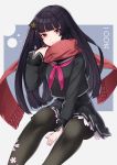  bangs between_legs black_hair black_legwear character_name closed_mouth commentary_request eyebrows_visible_through_hair girls_frontline hair_ornament hand_between_legs hand_up highres long_hair long_sleeves looking_back nagidori pantyhose pink_neckwear pleated_skirt purple_eyes red_scarf scarf school_uniform serafuku sidelocks sitting skirt solo type_100_(girls_frontline) 