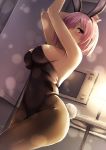  akita_hika alternate_costume animal_ears armpits arms_up bangs blush breasts bunny_ears bunny_girl bunny_tail bunnysuit commentary covered_navel dress eyebrows_visible_through_hair fate/grand_order fate_(series) from_below hair_over_eyes hair_over_one_eye highres indoors large_breasts looking_at_viewer mash_kyrielight pantyhose pink_hair purple_eyes short_hair sideboob sleeveless sleeveless_dress tail 