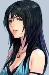  bare_shoulders black_hair blue_dress breasts brown_hair cleavage dress eyebrows_visible_through_hair face final_fantasy final_fantasy_viii grey_eyes hankuri jewelry long_hair multicolored_hair necklace parted_lips rinoa_heartilly sleeveless_duster solo streaked_hair undershirt 