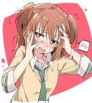  blush brown_eyes brown_hair fang flying_sweatdrops green_neckwear hands_on_own_face ixy kurahashi_riko love_lab necktie open_mouth school_uniform short_hair solo spoken_blush twintails two_side_up 