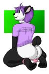  bear bottomless butt clothed clothing hair kaishi kneeling looking_back male mammal os panda pants_down partially_clothed pawpads purple_hair raised_tail shirt solo t-shirt 