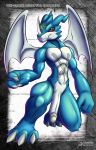  2018 abs animal_humanoid arashidrgn balls blue_skin brainwashing canine claws digimon dragon english_text erection exveemon horn human humanoid humanoid_penis hypnosis male mammal membranous_wings mind_control muscular nude pecs penis rubber scalie series solo text transformation wings 