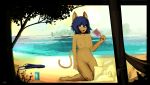  2017 5_fingers absurd_res anthro beach biped blue_clothing blue_hair blue_swimwear breasts brown_ears brown_fur brown_nipples brown_tail cat clothing day detailed_background digital_media_(artwork) digital_painting_(artwork) dirtyscoundrel feet feline female fingers fur green_eyes hair hi_res holding_object humanoid_feet humanoid_hands jewelry kneeling landscape looking_aside mammal necklace nipples nude open_mouth outside pink_tongue pussy sand sand_castle scenery sculpture seaside shovel signature sky small_breasts solo swimsuit tali tali_hartoh tongue tree water year 