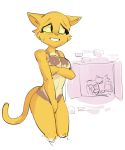  2018 anthro breasts covering covering_breasts covering_pussy dbaru digital_media_(artwork) duo embarrassed feline female fur hi_res katia_managan khajiit looking_aside mammal navel nude painted_underwear prequel public_nudity standing tears the_elder_scrolls video_games yellow_fur 