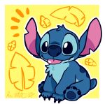  2018 4_toes absurd_res alien back_markings blep blue_claws blue_eyes blue_fur blue_nose blue_pawpads border chest_tuft claws cute cute_fangs digital_drawing_(artwork) digital_media_(artwork) disney experiment_(species) fur head_tuft hi_res lilo_and_stitch markings notched_ear outline palm_frond pawpads raystar signature simple_background sitting small_tail smile solo stitch toes tongue tongue_out tuft white_border yellow_background 