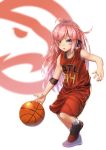  atlanta_(azur_lane) atlanta_hawks azur_lane bare_shoulders basketball blue_eyes braid eyes_visible_through_hair full_body highres jersey logo long_hair looking_at_viewer namesake national_basketball_association open_mouth pink_hair shoes shorts simple_background sneakers socks sports_bra sweatband tsurime white_background yakkuro 