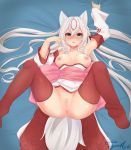  2017 5_fingers alternate_species amaterasu animal_humanoid anus armwear bed beige_pussy big_breasts biped blush bottomless breasts canine clothed clothing deity detached_sleeves digital_drawing_(artwork) digital_media_(artwork) exposed_breasts eyelashes female fluffy fluffy_tail front_view full-length_portrait grabbing_sheets hair hi_res high-angle_view humanoid humanoid_hands humanoidized joosiart legs_up legwear light_skin long_hair looking_at_viewer looking_pleasured lying mammal markings multicolored_hair nipples obijime on_back on_bed open_mouth pink_anus pink_clothing pink_nipples plantigrade portrait presenting presenting_pussy pussy raised_arm red_clothing red_hair red_markings solo tan_skin thigh_highs two_tone_hair video_games white_clothing white_hair white_tail wolf_humanoid ōkami 
