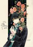  2018 adjusting_clothes adjusting_gloves alternate_eye_color amestris_military_uniform artist_name black_coat black_hair blue_eyes camellia character_name coat dated eyebrows_visible_through_hair flower fullmetal_alchemist gloves looking_away male_focus military military_uniform plant red_flower roy_mustang short_hair smile solo teardrop toyo1803 two-tone_background uniform upper_body water 