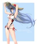  android bikini blue_hair breasts character_name dong_zhi_qiong forehead_protector hat kos-mos kos-mos_re: large_breasts long_hair looking_away navel red_eyes smile solo sun_hat swimsuit very_long_hair xenoblade_(series) xenoblade_2 xenosaga 