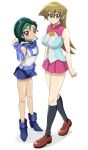  2girls areolae artist_request blush breasts female green_hair large_breasts long_hair looking_at_viewer mizuki_kotori_(yuu-gi-ou_zexal) multiple_girls navel salute school_uniform shiny shiny_skin shoes skirt smile standing tenjouin_asuka yellow_eyes yu-gi-oh! yuu-gi-ou yuu-gi-ou_gx yuu-gi-ou_zexal 