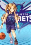  azur_lane bangs bare_shoulders basketball blonde_hair charlotte_hornets full_body green_eyes highres honeycomb_(pattern) honeycomb_background hornet_(azur_lane) jersey logo long_hair namesake national_basketball_association parted_bangs shoes shorts sneakers socks solo sportswear sweatband tongue tongue_out twintails yakkuro 