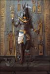  2018 5_fingers abs ankh anthro anubian_jackal anubis barefoot biped black_nose brown_fur brown_nipples canine clothed clothing deity destruction detailed digital_media_(artwork) digital_painting_(artwork) dust egyptian egyptian_clothing egyptian_collar egyptian_headdress egyptian_mythology feet frown full-length_portrait fur grey_theme headdress hieroglyphics holding_object humanoid_feet humanoid_hands jackal jewelry klaft looking_at_viewer male mammal medaya midriff muscular muscular_male mythology navel necklace nipples pecs plantigrade portrait shendyt snout solo staff standing stone transformation yellow_eyes 