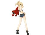  bangs bare_arms bare_legs bare_shoulders black_footwear blonde_hair bra casual cutoffs denim denim_shorts fate/apocrypha fate_(series) from_behind full_body green_eyes grin jacket jacket_over_shoulder jacket_removed jpeg_artifacts konoe_ototsugu looking_at_viewer looking_back mordred_(fate) mordred_(fate)_(all) official_art red_jacket short_hair short_ponytail shorts simple_background smile sports_bra standing underwear white_background wristband 
