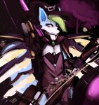  2017 absurd_res anthro biped black_nose blue_ears blue_fur canine clothed clothing detailed_background digital_media_(artwork) digital_painting_(artwork) dirtyscoundrel front_view fully_clothed fur green_eyes green_hair gun hair hat headwear hi_res holding_object holding_weapon looking_at_viewer male mammal multicolored_clothing multicolored_topwear purple_hat purple_headwear ranged_weapon signature snout solo topwear tree weapon white_fur wolf year 