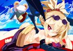  1girl beach beach_towel blonde_hair bow breast_press breasts clothes_removed day demon_wings detached_sleeves disgaea frog highres jewelry large_breasts lotion lying makai_senki_disgaea_2 miyakawa106 on_stomach one_eye_closed pointy_ears red_eyes rozalin short_ponytail smile sunglasses sunscreen tink_(disgaea) towel wings 