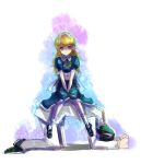  1girl alice_(megami_tensei) blonde_hair blue_dress character_request commentary_request dress hair_ribbon hairband kara_(color) long_hair mary_janes megami_tensei red_eyes ribbon shin_megami_tensei shoes smile 
