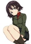  alina_(girls_und_panzer) bangs black_legwear black_skirt brown_eyes brown_hair closed_mouth commentary emblem eyebrows_visible_through_hair frown girls_und_panzer green_jacket head_tilt jacket long_sleeves looking_at_viewer miniskirt pleated_skirt pravda_school_uniform red_shirt school_uniform shibagami shirt short_hair simple_background skirt socks solo squatting thigh_grab turtleneck twitter_username white_background 